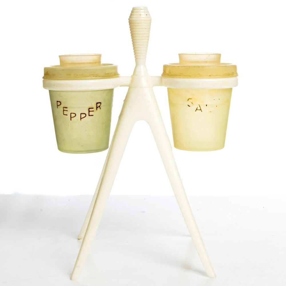 Vintage Tupperware Midget Atomic Tripod Salt/Pepper Shakers w/Toothpick holder